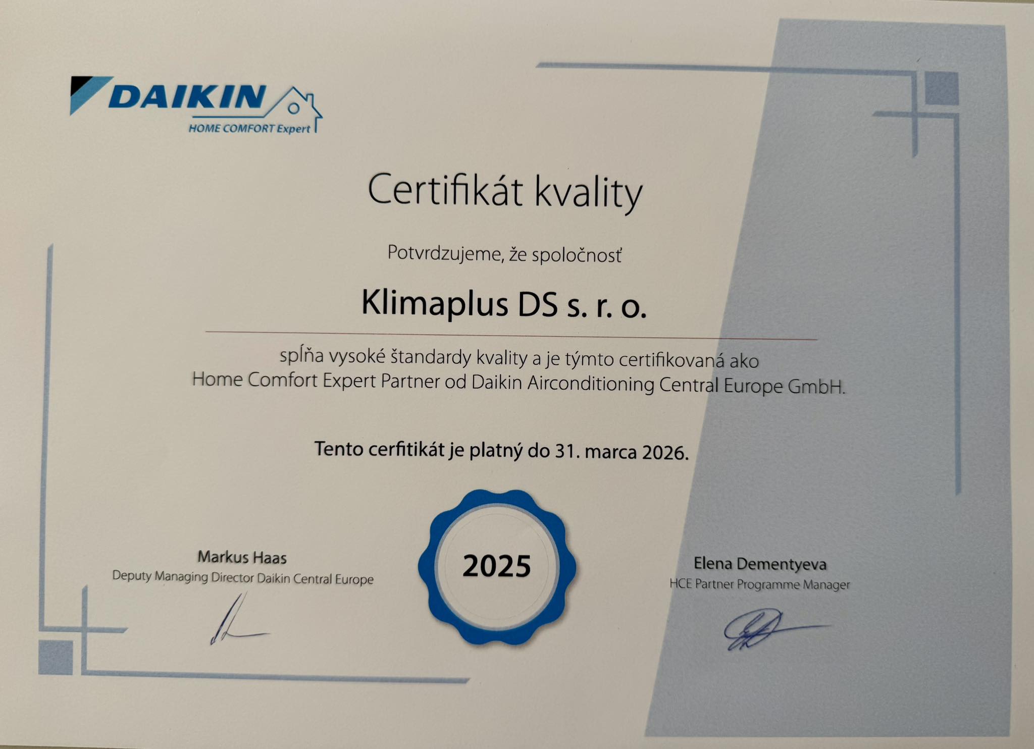 Certifikát Daikin